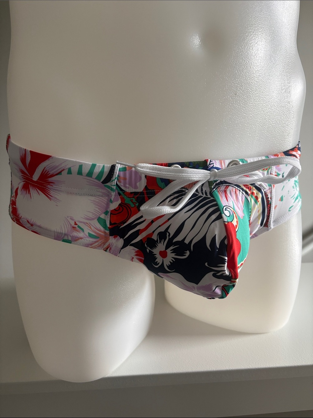 Men's Tropical Floral Swim Trunks - White, Red & Green